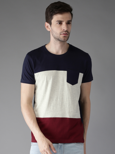 Moda Rapido Men Grey Melange & Navy Colourblocked Round Neck T-shirt