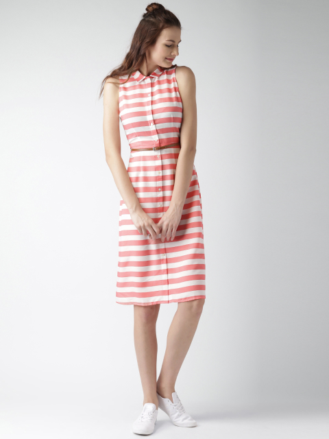 Mast & Harbour Coral Pink & White Striped Shirt Dress