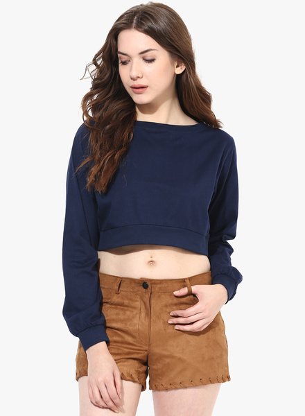 Miss Chase Navy Blue Long Sleeve Crop Top