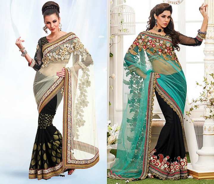 beautiful net sarees with contrasting drapes  ( Palla) with floral emroydery at the front perfect fit for an eveing party / cocktail