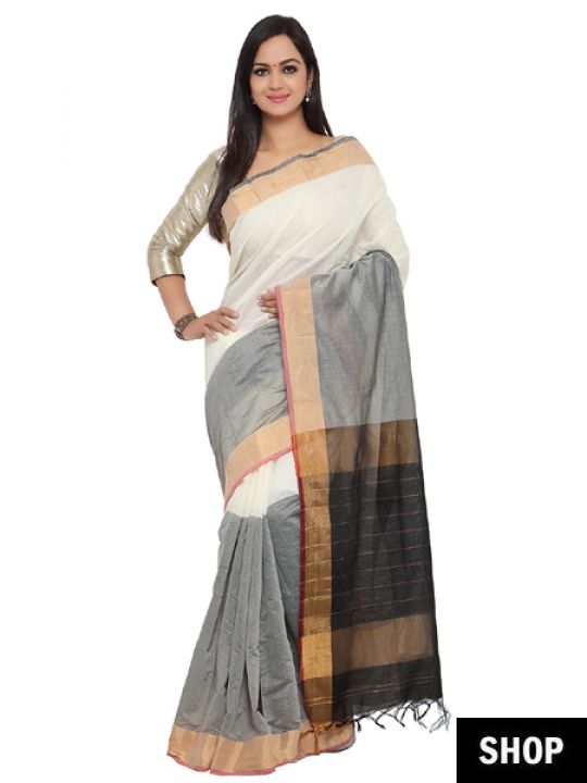 a beautiful 2 tone saree with a  golden border a  very unusual combination to make you look strikingly good
