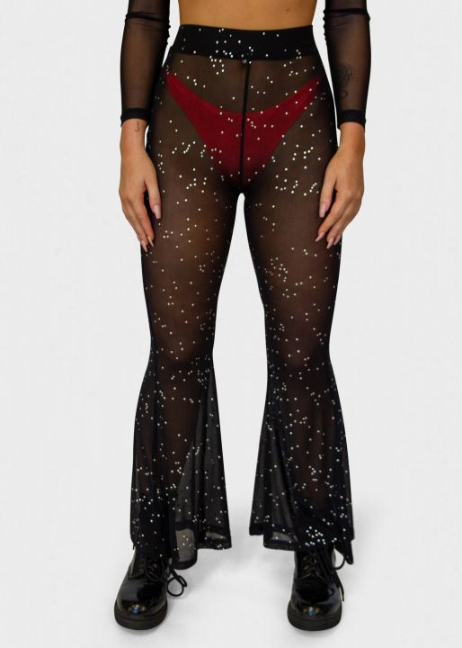 Dance like everybody’s watching in these black mesh flare pants covered in sparkly glitter. Pair them with your favorite bikini bottom and you’ve got a flirty, fun booty loving look.