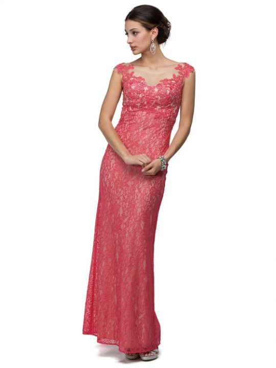 Get on the best-dressed lists in this lavish evening gown. Showcases a floor length lace cap sleeve prom dress. Look sassy and stunning in this daring evening dress.