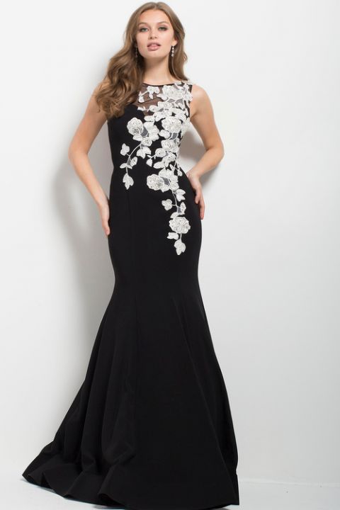 Demonstrate your svelte sense of style in this steamy formal by Jovani 41715. This dress flams in a sleeveless, illusion jewel neckline with bodice beautifully decked with beaded floral embroidery.