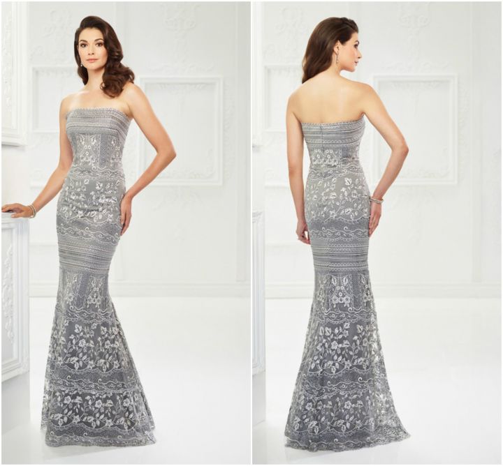 Dare to be gorgeous in this captivating evening gown from Montage 118970 by Mon Cheri. The strapless bodice features a straight across neckline with dainty scallops trim