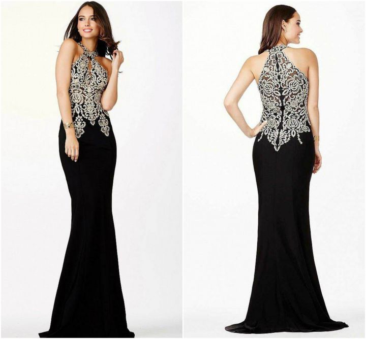This elegant prom dress from JVN by Jovani will make you the epitome of grace and elegance. This floor length jersey dress features a halter neckline with a keyhole opening and intricate gold thread embroidery atop a black sheer mesh that ends right above